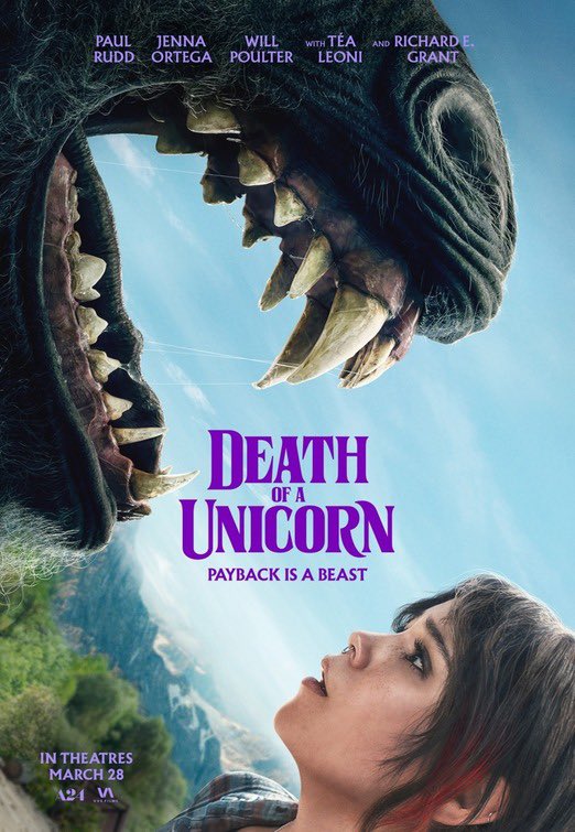 پوستر فیلم Death of a Unicorn تقابل جنا اورتگا و تک‌شاخ را نشان می‌دهد